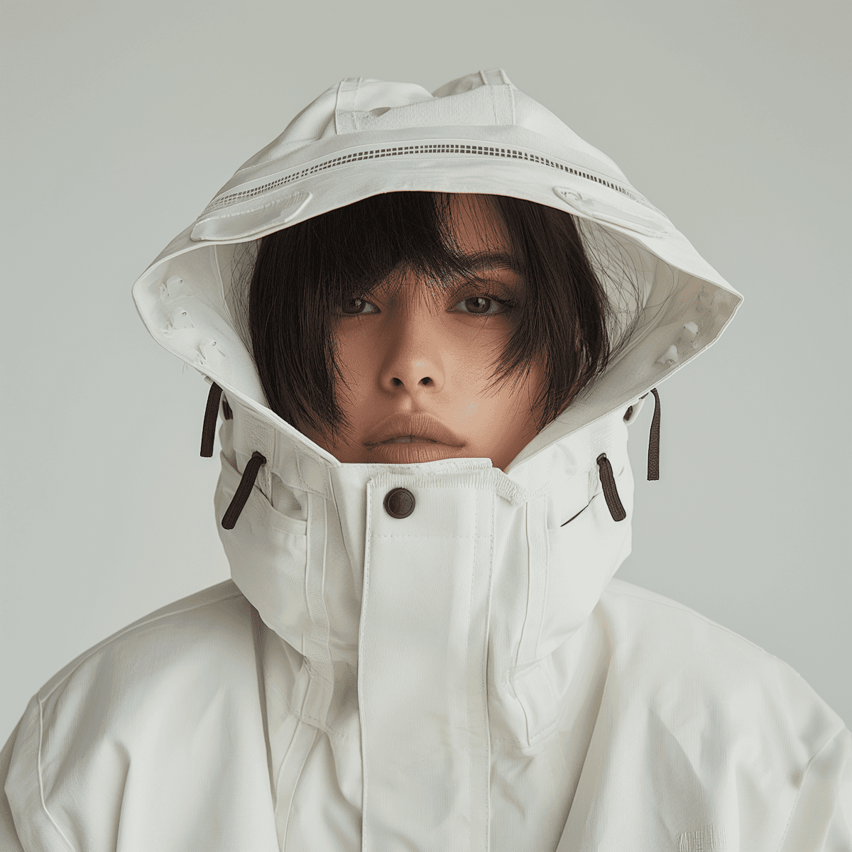 Model wearing a white hooded jacket