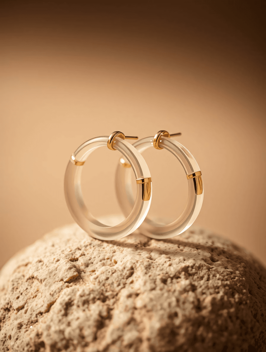 Gold hoop earrings on a stone