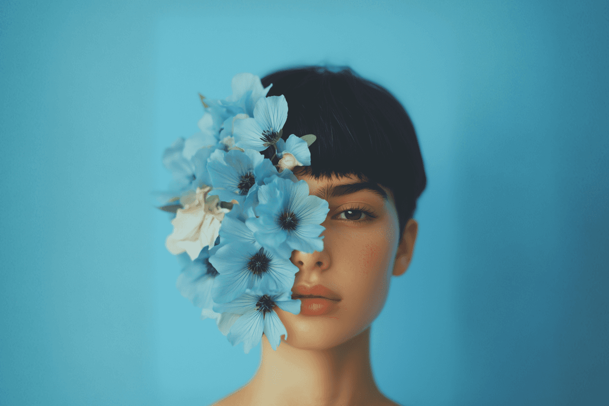 Portrait with blue flowers covering half the face