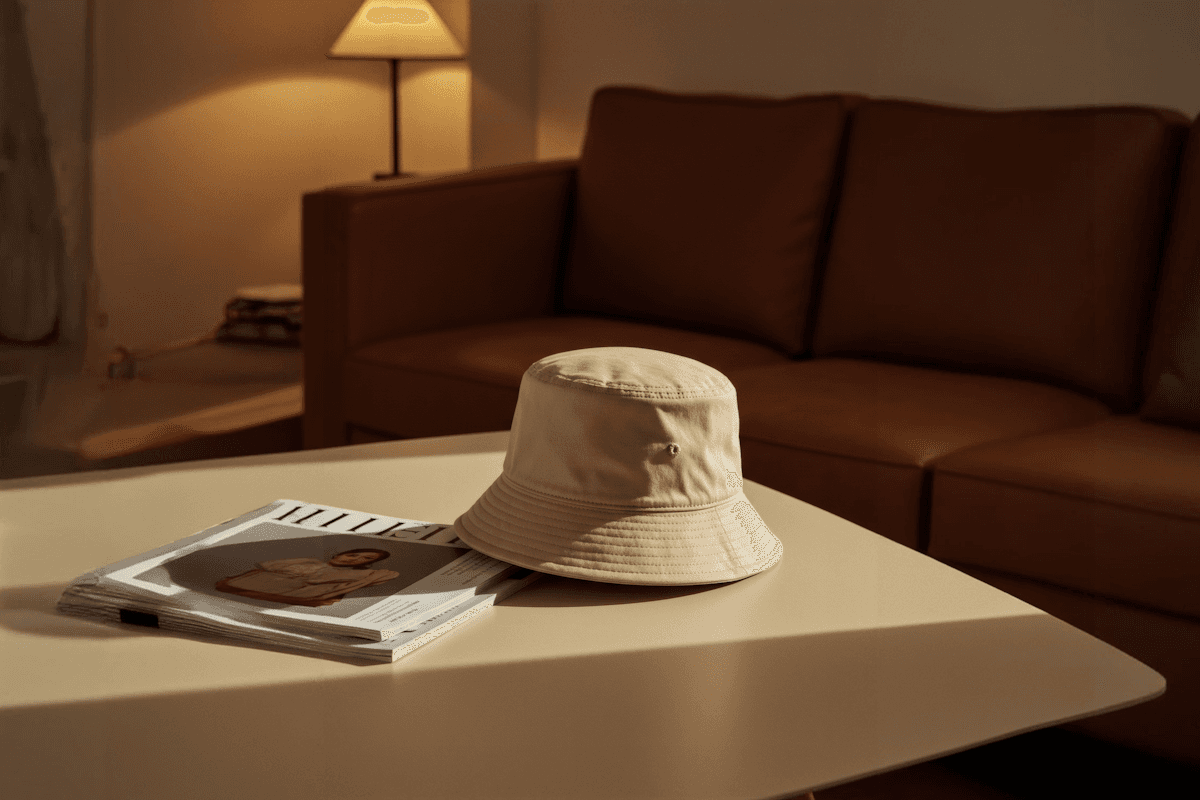 A hat resting on a living-room table